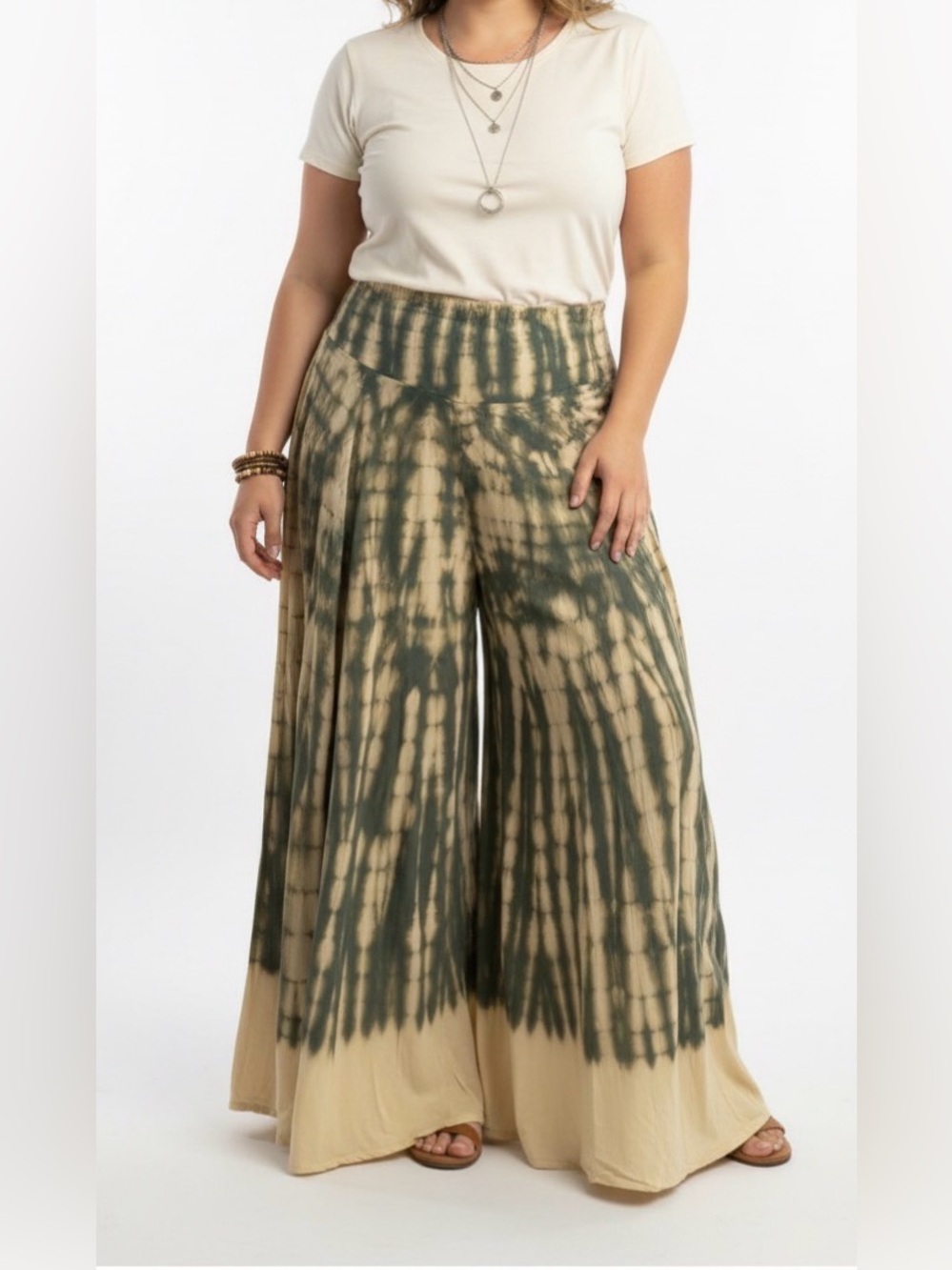 Earthbound Wide Leg Boho Tie-Dye Palazzo Pants - Olive & Cream Size XL NWT *FLAW
